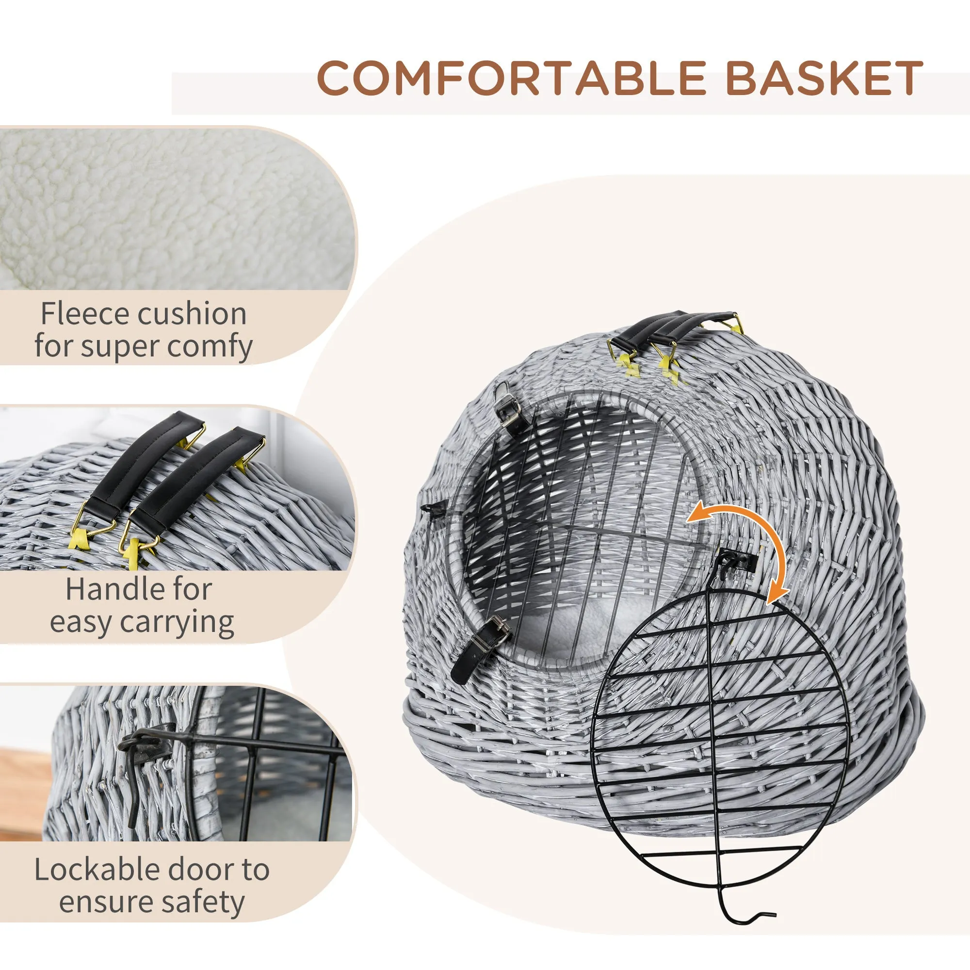 Wicker Cat Basket W/ Mat Handle Kitten Pussy Enclosed Bed Portable - Grey