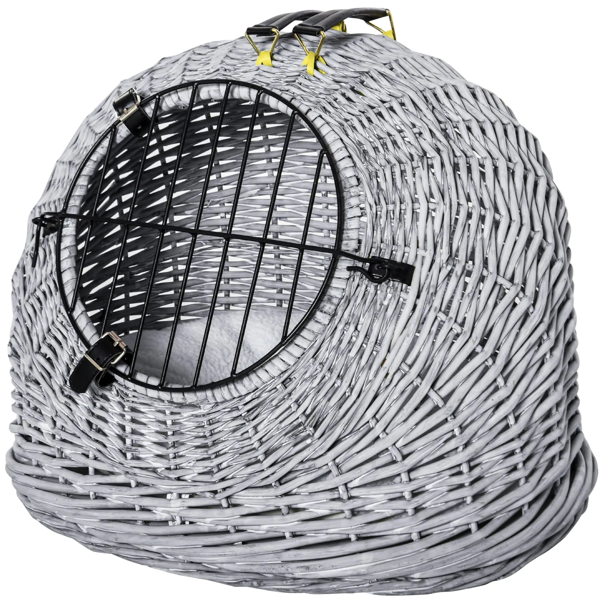 Wicker Cat Basket W/ Mat Handle Kitten Pussy Enclosed Bed Portable - Grey