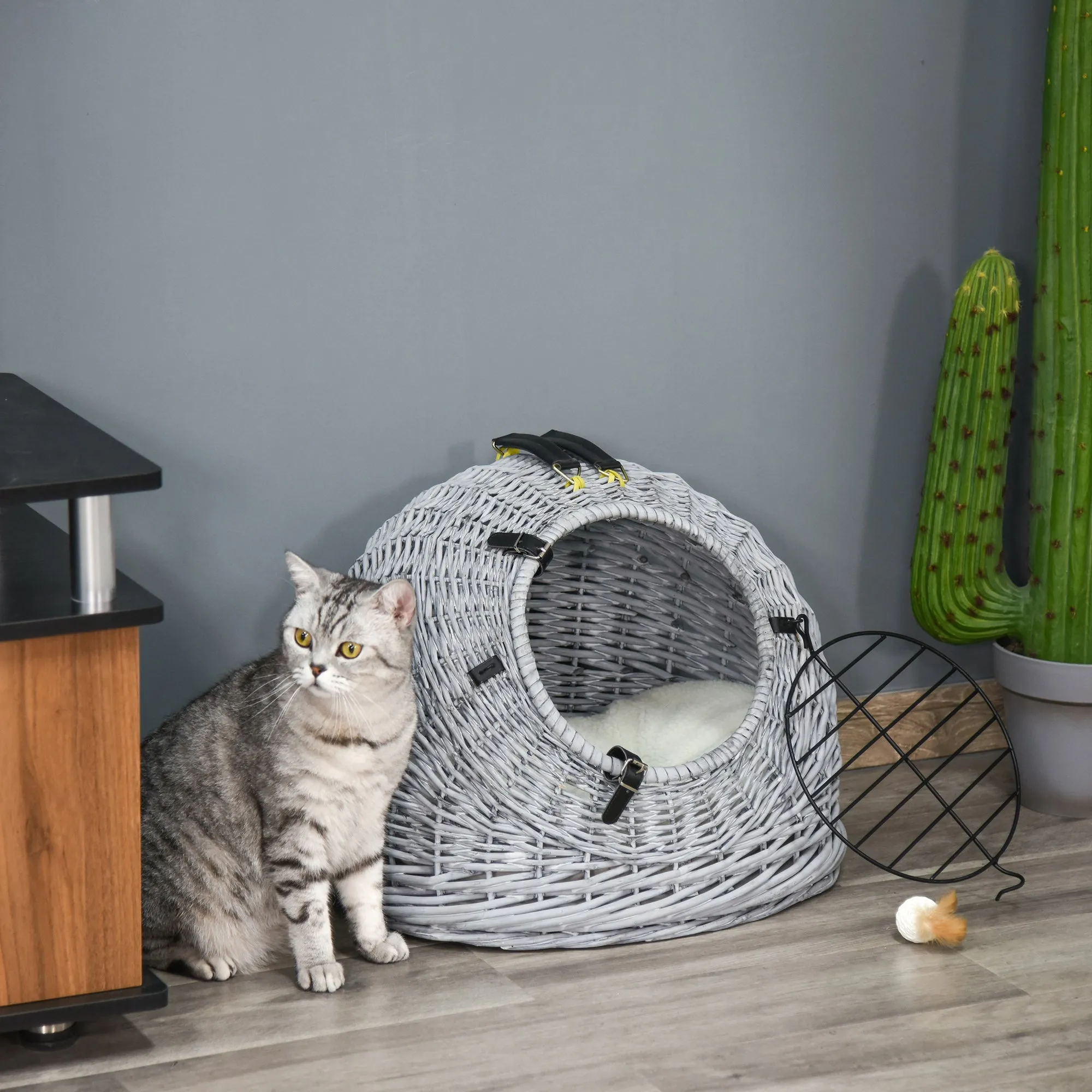 Wicker Cat Basket W/ Mat Handle Kitten Pussy Enclosed Bed Portable - Grey
