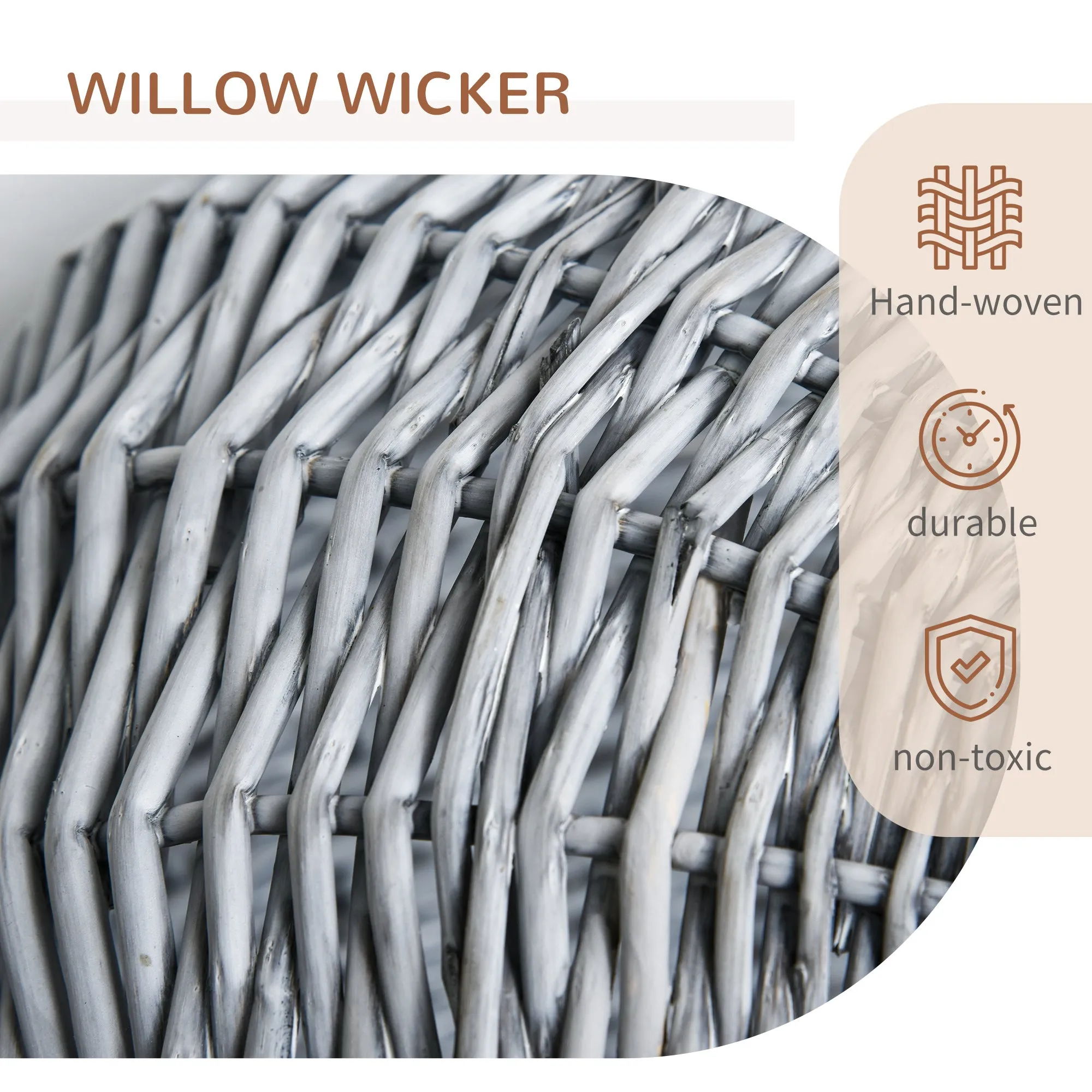 Wicker Cat Basket W/ Mat Handle Kitten Pussy Enclosed Bed Portable - Grey