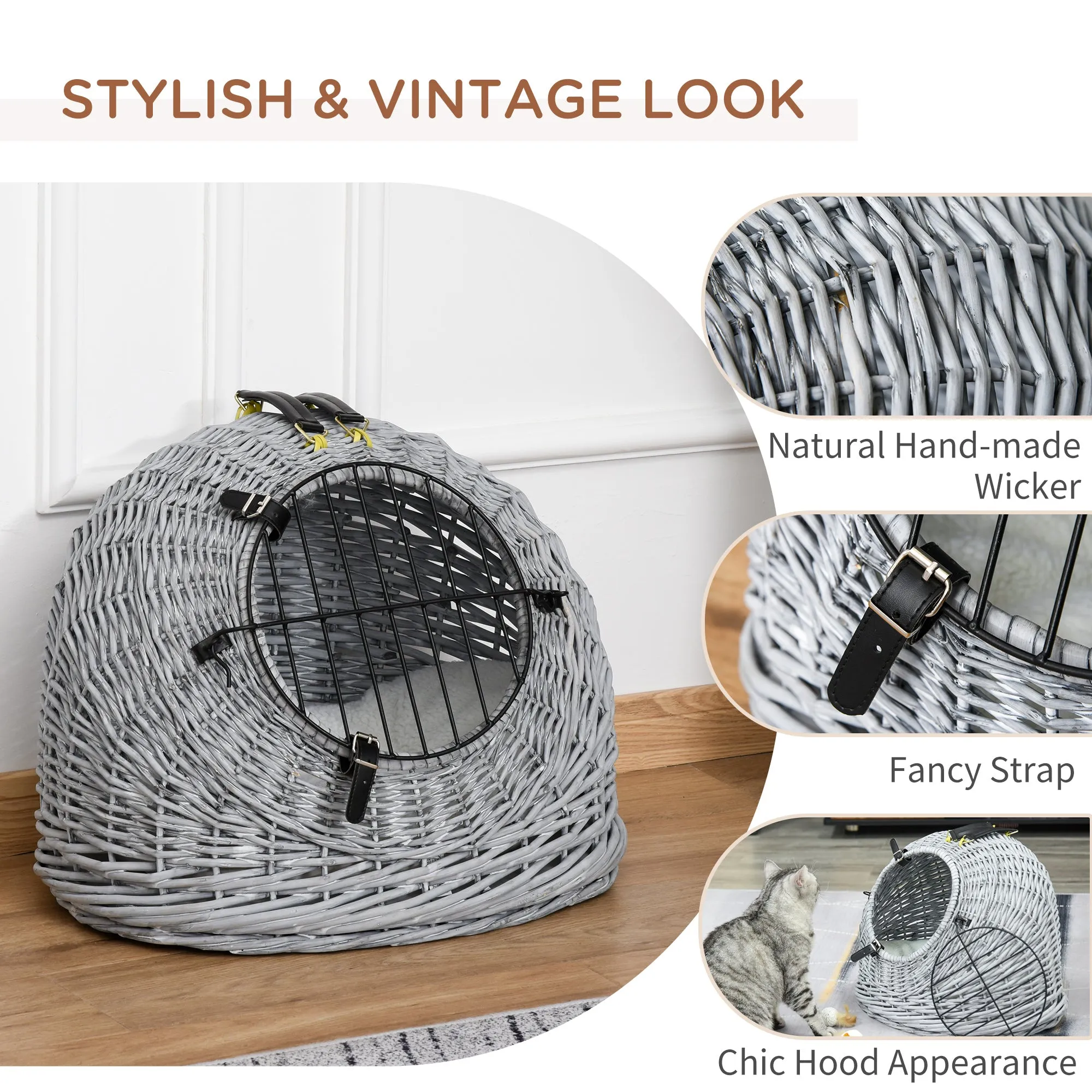 Wicker Cat Basket W/ Mat Handle Kitten Pussy Enclosed Bed Portable - Grey