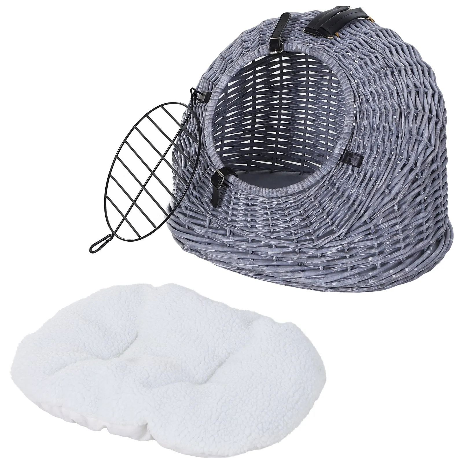 Wicker Cat Basket W/ Mat Handle Kitten Pussy Enclosed Bed Portable - Grey