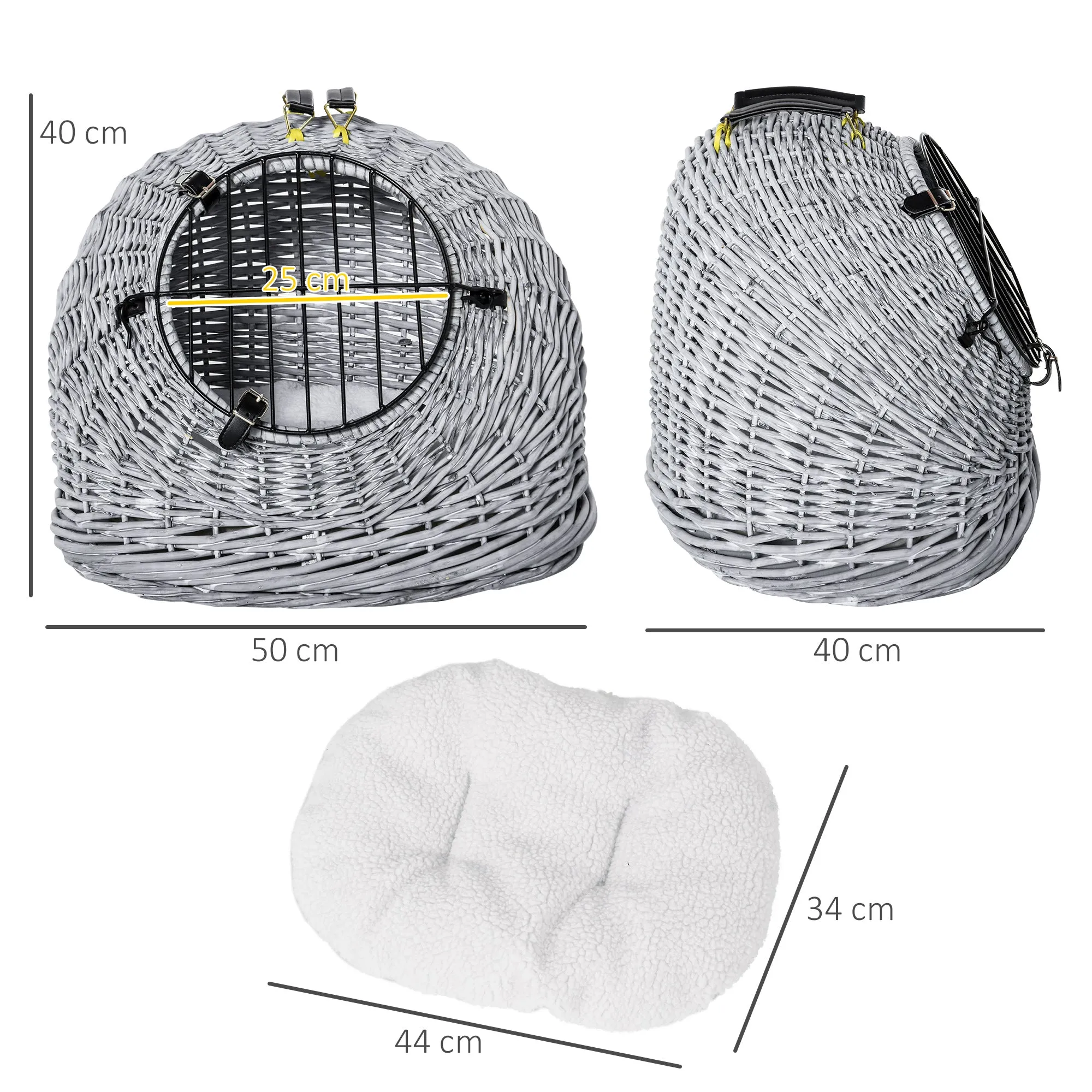Wicker Cat Basket W/ Mat Handle Kitten Pussy Enclosed Bed Portable - Grey